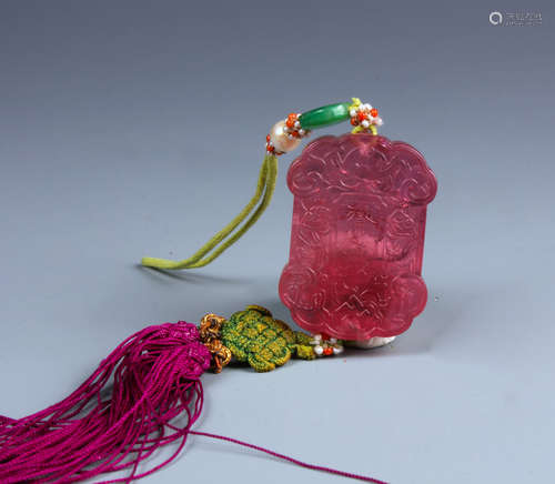 A Fuchsia Tourmaline Plaque &Jadeite & Original Tassel