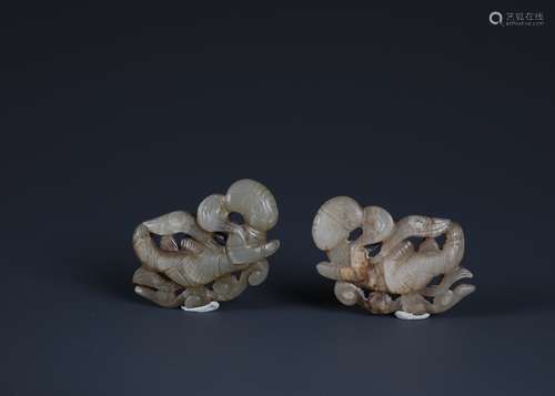 A Pair of  Greyish-white Jade Apsara Plaque