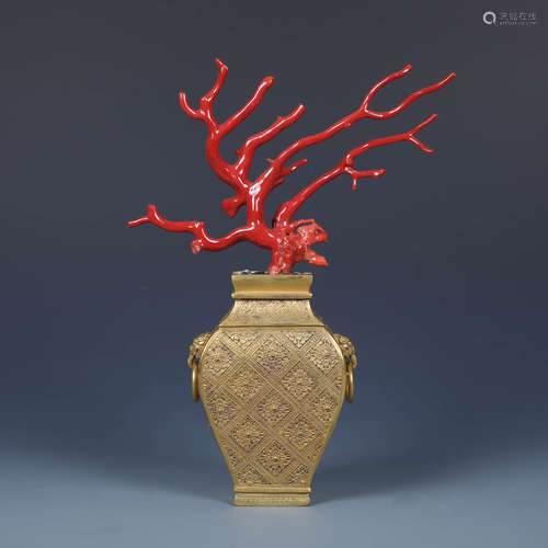 A GILT BRONZE DOUBLE HANDLED VASE WITH AKA CORAL BRANCH