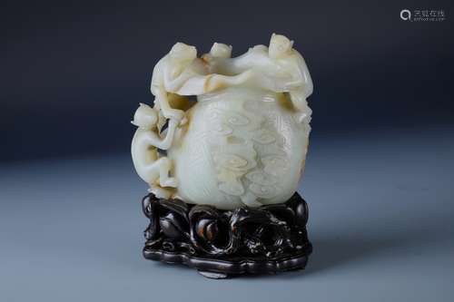 A FINELY CARVED CHINESE JADE  BRUSH WASHER WITH STAND