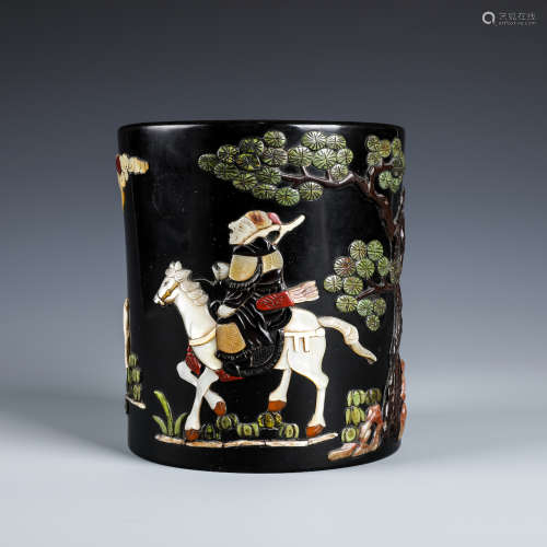 A CHINESE INLAID BLACK LACQUER BRUSH POT W/INSCRIPTION