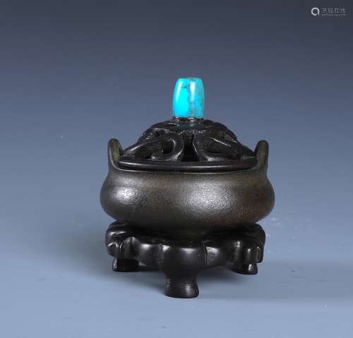 A Finely Cast Bronze Censer and Cover With Turquoise