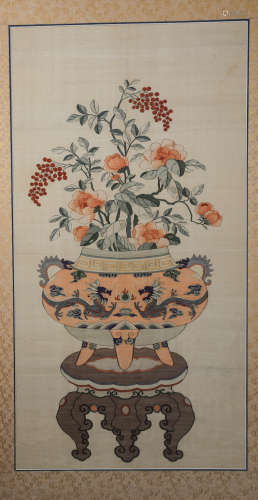 CHINESE SILK KESI EMBROIDERY DEPICTING A VASE OF FLOWER