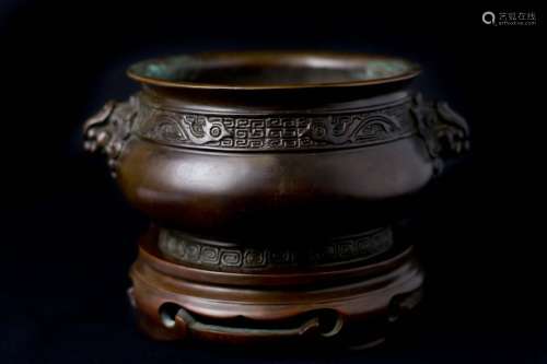 An Exceptional Bronze with Lion Mask Handles Censer