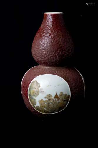 An Extraordinary Ruby Ground Famille Rose Double Gourd Vase