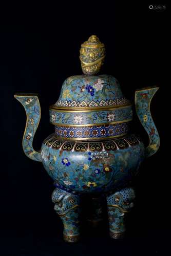 A Magnificent and Large Gilt-Bronze and Cloisonne Enamel Incense Burner