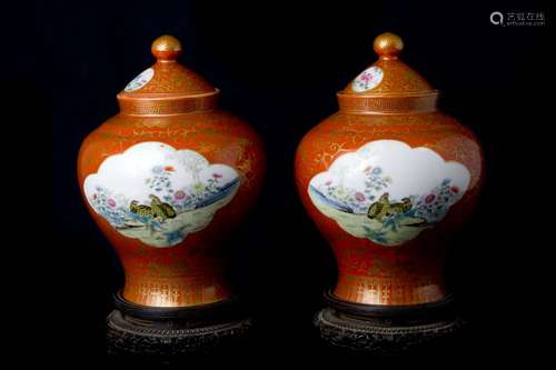 An Impressive Pair of Coral Red Gilt-Decorated and Famille Rose Jars w/Lids