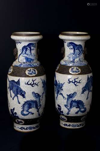 An Extremely Rare and Large Pair of Crackle-Glaze Vases