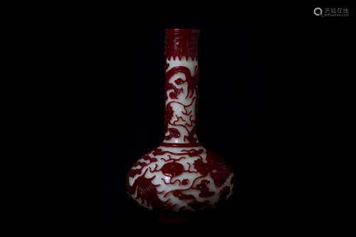 A Magnificent Red Overlay White Glass Dragon Vase