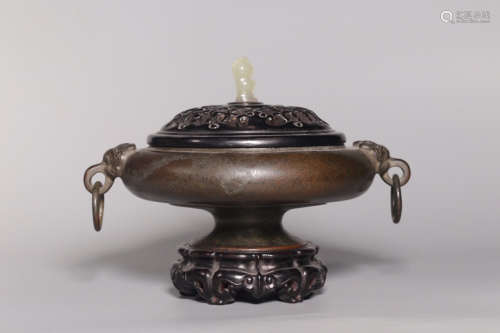 17-19TH CENTURY, A DOUBLE-EAR BRONZE CENSER, QING DYNASTY