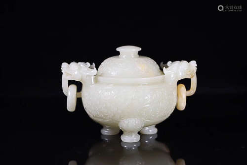 17-19TH CENTURY, A DRAGON DESIGN DOUBLE-EAR HETIAN JADE CENSER, QING DYNASTY