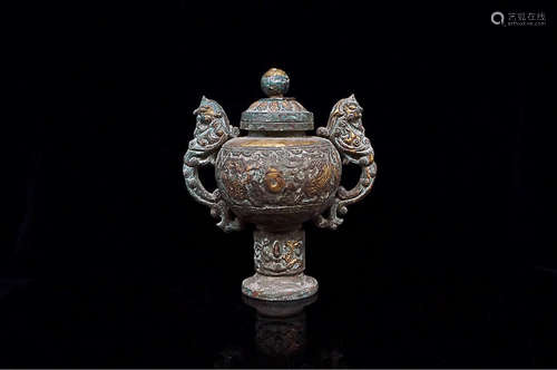 A DOUBLE-EAR GILT BRONZE CENSER