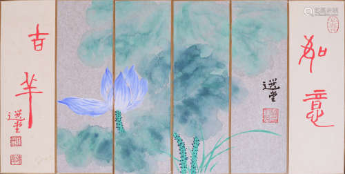 SIX PANELS OF CHINESE SCROLL PAINTING OF LOTUS WITH CALLIGRAPHY