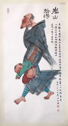 CHINESE SCROLL PAINTING OF MONK WITH BOY