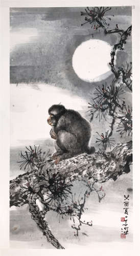 CHINESE SCROLL PAINTING OF MONKEY ON TREE