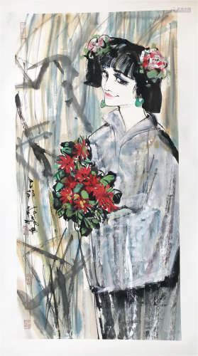 CHINESE SCROLL PAINTING OF GIRL WITH FLOWER