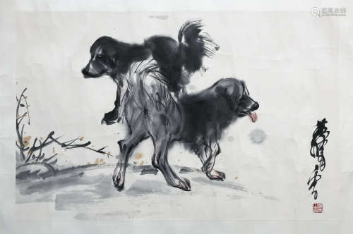 CHINESE SCROLL PAINTING OF DOGS