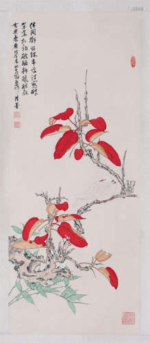 CHINESE SCROLL PAINTING OF RED LEAF