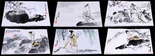 SIX PAGES OF CHINESE ALBUM PAINTING OF GIRL AND OXES