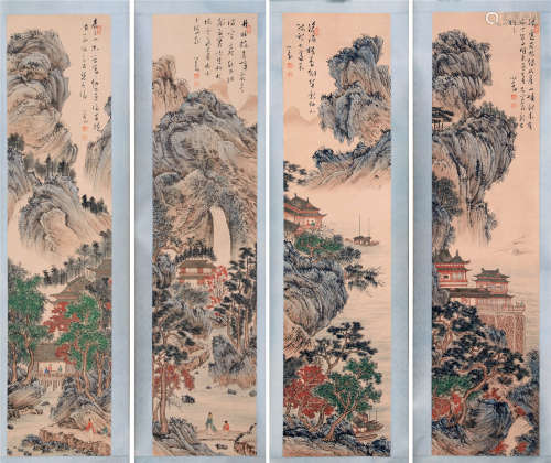 FOUR PANELS OF CHINESE SCROLL PAINTING OF MOUNTAIN VIEWS