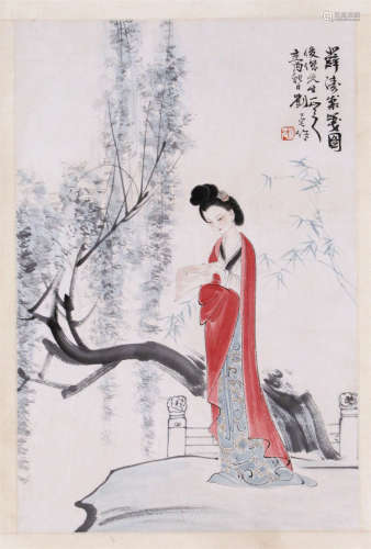 CHINESE SCROLL PAINTING OF BEAUTY IN GARDEN