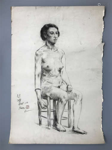 CHINESE SKETCH DRAWING OF SEATED NUDE