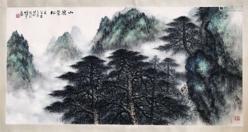CHINESE SCROLL PAINTING OF PINE TREES ON MOUNTAIN