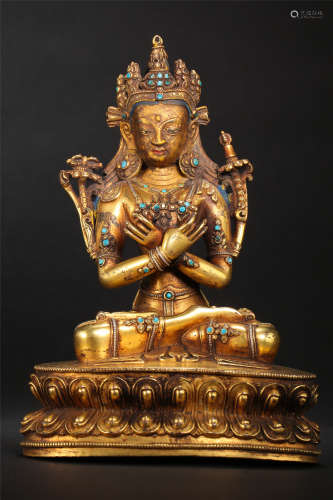 CHINESE TURQUOISE INLAID GILT BRONZE SEATED VAJRASATTVA