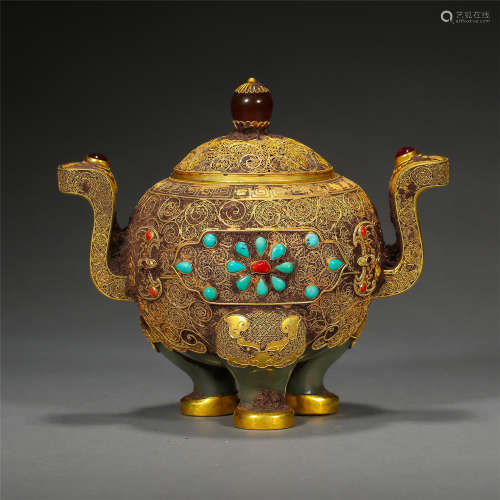 CHINESE GEM STONE INLAID PURE GOLD JADE TRIPLE FEED LIDDED CENSER