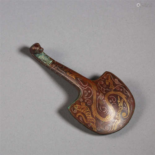 CHINESE GOLD INLAID BRONZE DRAGON BELTL HOOK