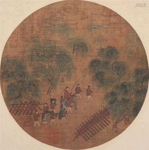 CHINESE ROUND FAN PAINTING OF MEN IN WOOD