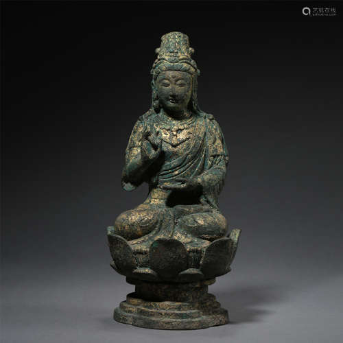 CHINESE PARTLY GILT BRONZE SEATED BUDDHA ON LOTUS