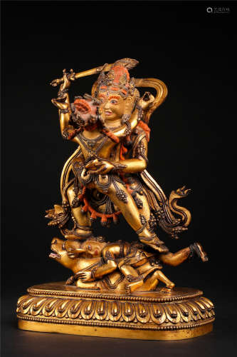 TIBETAN GILT BRONZE STANDING YAMANTAKA