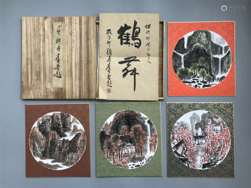 FOUR PAGES OF CHINESE ROUND FAN PAINTING OF MOUNTAIN VIEWS