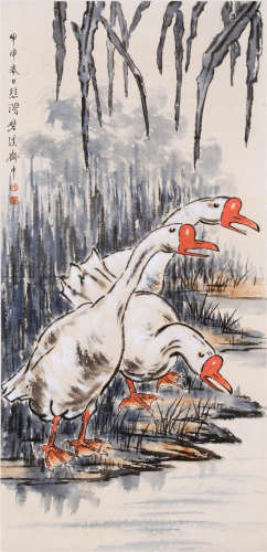 CHINESE SCROLL PAINTING OF GEESE BY RIVER