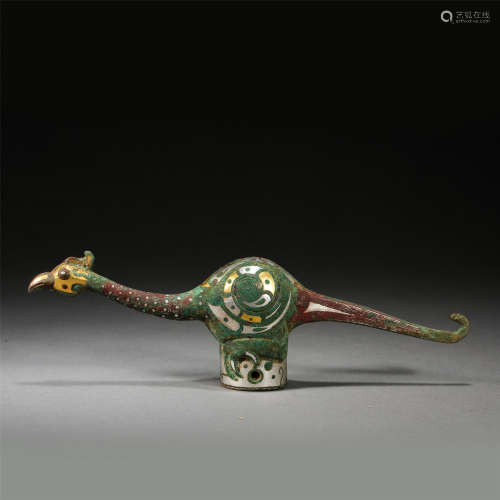 CHINESE GOLD INLAID SILVER DIRD SHAPED CANE HANDLE