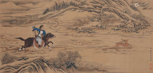 CHINESE SCROLL PAINTING OF HUNTING IN MOUNTAIN