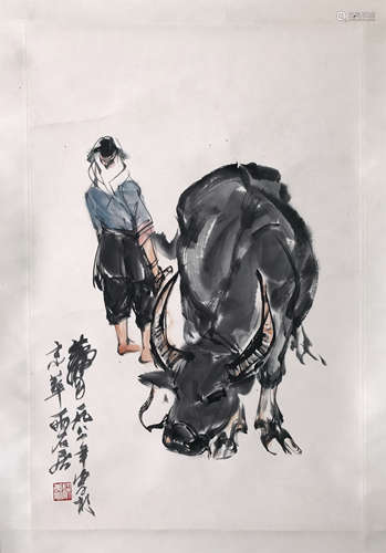 CHINESE SCROLL PAINTING OF GIRL AND OX