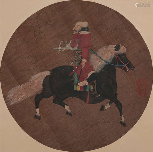 CHINESE ROUND FAN PAINTING OF HORSE MAN