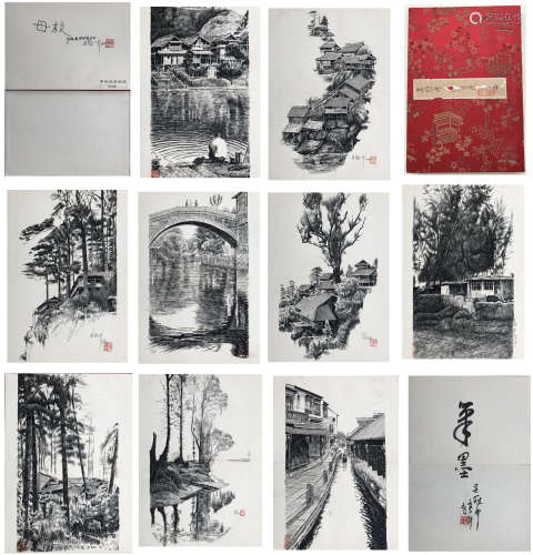ELEVEEN PAGES OF CHINESE ALBUM PAINTING OF SKETCH DRAWING OF LANDSCAPE