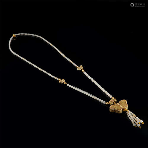 CHINESE PURE GOLD JADE BEAD NECKLACE