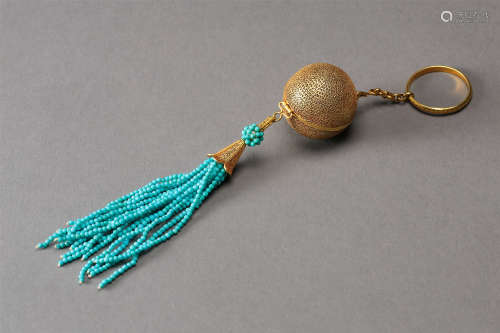 CHINESE PURE GOLD INCENSE CAGE WITH TURQUOISE TASSELS