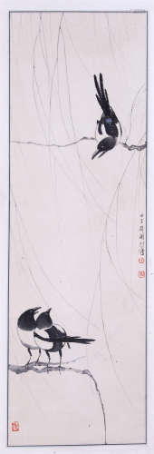 CHINESE SCROLL PAINTING OF THREE GASPIES ON WILLOW