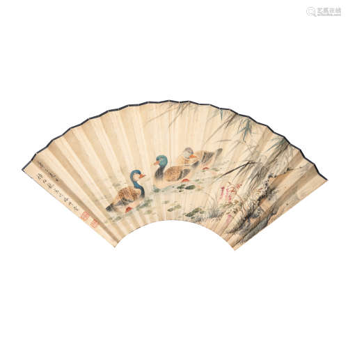 CHINESE FAN PAINTING OF DUCK AND FLOWER