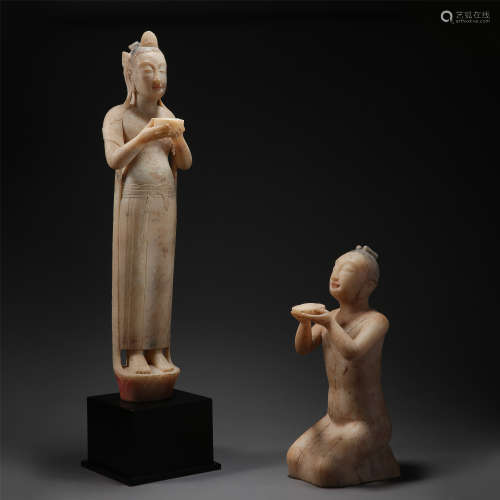 TWO CHINESE `ALABASTER STANDING AND KNEELED FIGURES