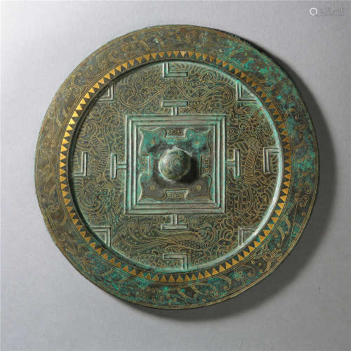 CHINESE GOLD INLAID ROUND BRONZE MIRROR