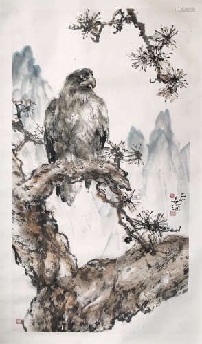 CHINESE SCROLL PAINTING OF EAGLE ON PINE TREE
