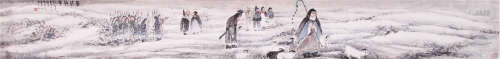 CHINESE HAND SCROLL PAINTING OF FIGURES IN SNOW FIELD