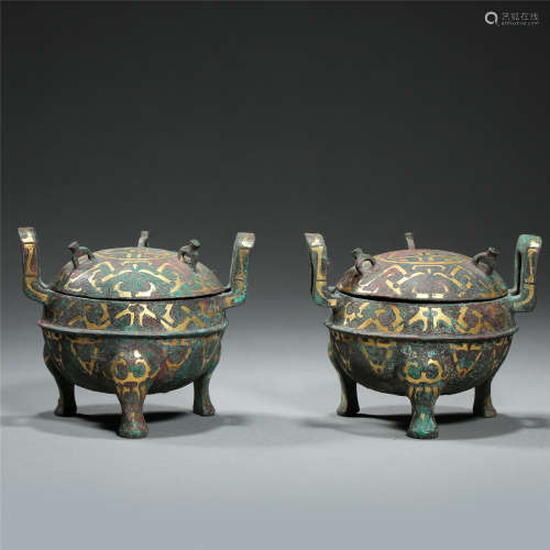 PAIR OF CHINESE GOLD INLAID BRONZE LIDDED TRIPLE FEET CENSER HAND DYNASTY