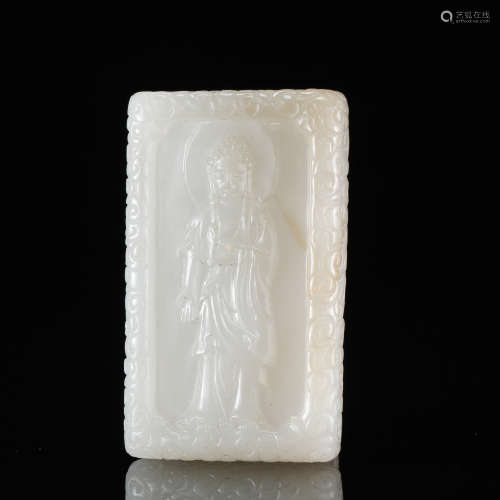 CHINESE WHTIE JADE SQUARE PLAQUE OF GUANYIN